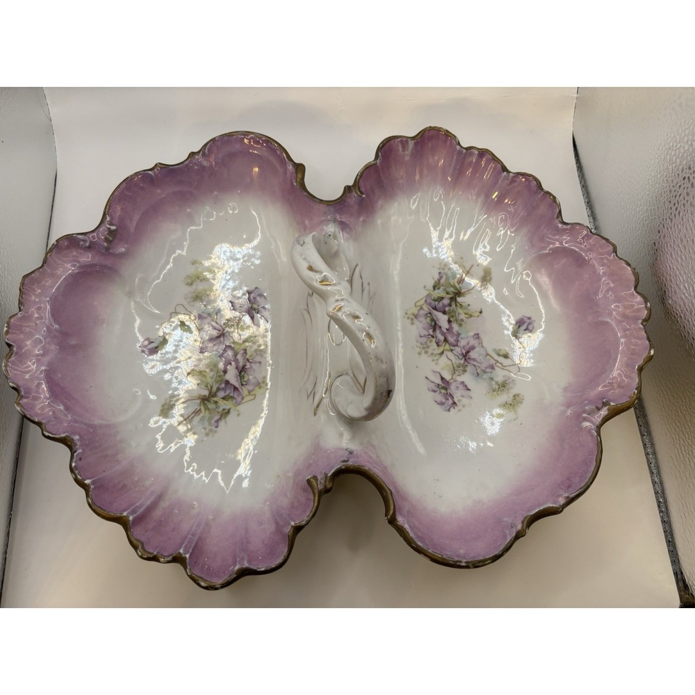 Porcelain Pink Floral Double Candy Dish with Handle Gold Trim Antique Vintage